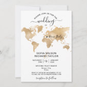 Wedding Destination Gold Weltkarte Herz Einladung (Vorderseite)