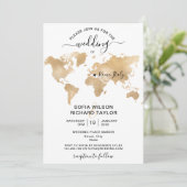 Wedding Destination Gold Weltkarte Herz Einladung (Stehend Vorderseite)
