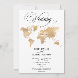Wedding Destination Gold Weltkarte Typografie Einladung