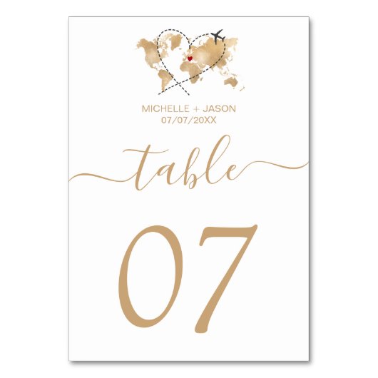 Wedding Destination Gold Weltkarte und Herz Tischnummer (Vorderseite)