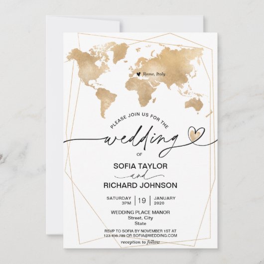 Wedding Destination Gold World Map Rahmen Einladung (Vorderseite)
