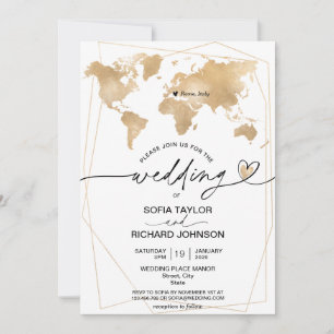 Wedding Destination Gold World Map Rahmen Einladung