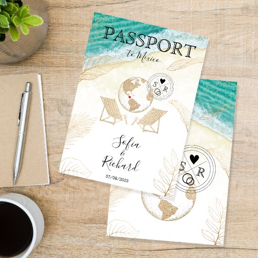 Wedding Destination Mexiko Pass Gold Weltkarte Einladung