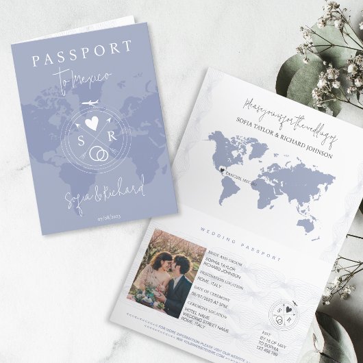 Wedding Destination Passport Dusty Blue Weltkarte Einladung