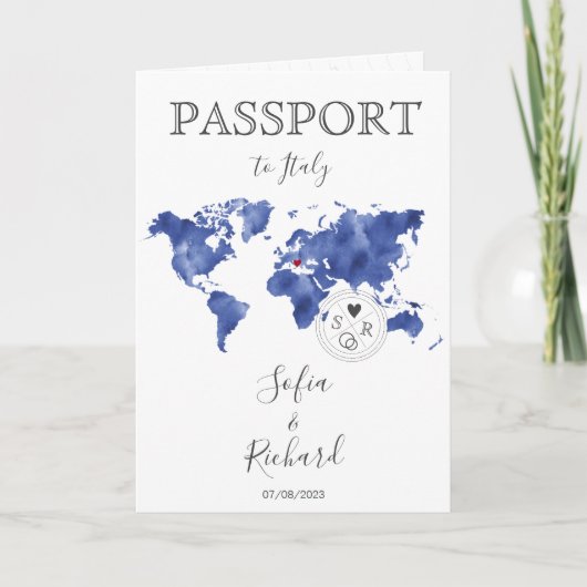 Wedding Destination Passport Gold Weltkarte Blau Einladung (Vorderseite)