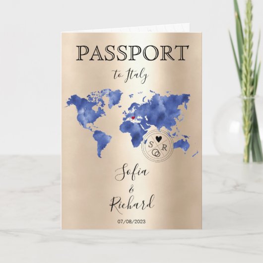 Wedding Destination Passport Gold Weltkarte Blau I Einladung (Vorderseite)