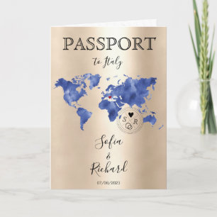 Wedding Destination Passport Gold Weltkarte Blau I Einladung