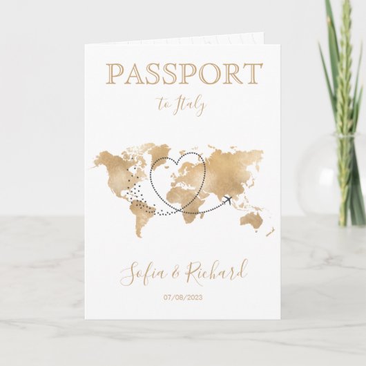 Wedding Destination Passport Gold Weltkarte Einladung (Vorderseite)