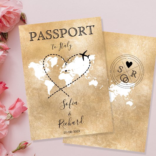 Wedding Destination Passport Gold Weltkarte Einladung