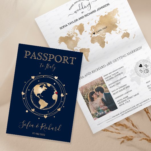 Wedding Destination Passport Gold Weltkarte Einladung