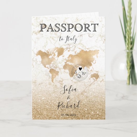 Wedding Destination Passport Gold Weltkarte Einladung (Vorderseite)