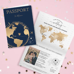 Wedding Destination Passport Gold Weltkarte Flugze Einladung