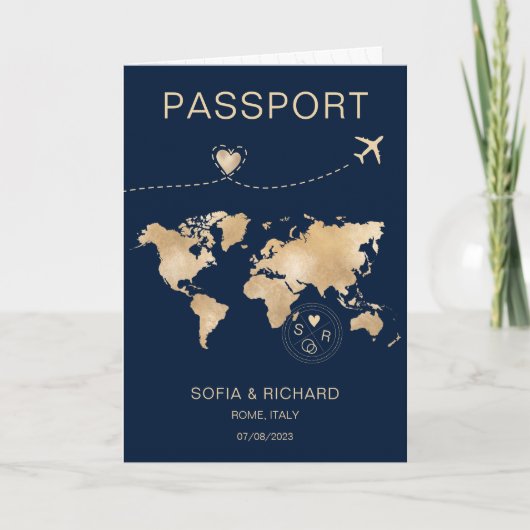 Wedding Destination Passport Gold Weltkarte Flugze Einladung (Vorderseite)