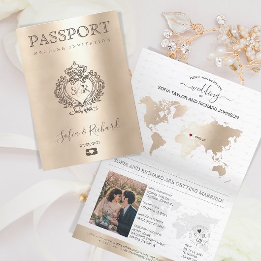 Wedding Destination Passport Gold Weltkarte Griech Einladung