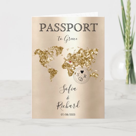 Wedding Destination Passport Gold Weltkarte Griech Einladung (Vorderseite)