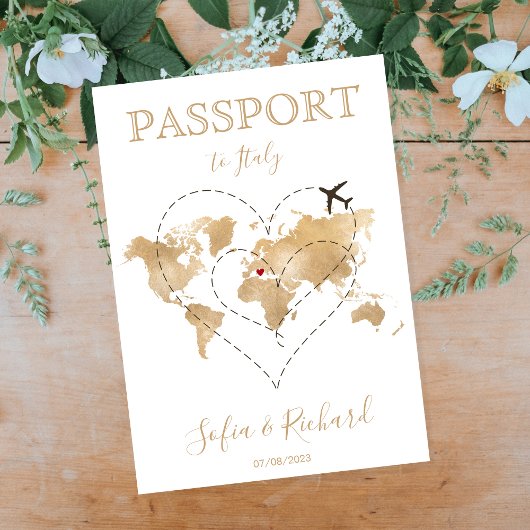 Wedding Destination Passport Gold Weltkarte Herz Einladung