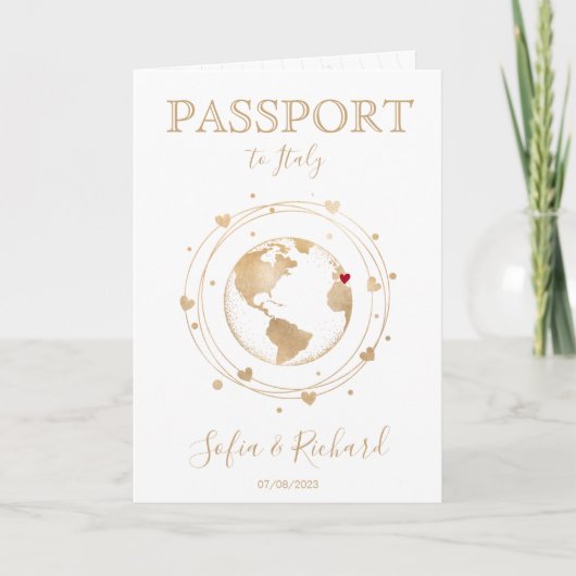 Wedding Destination Passport Gold Weltkarte Herz Einladung (Vorderseite)