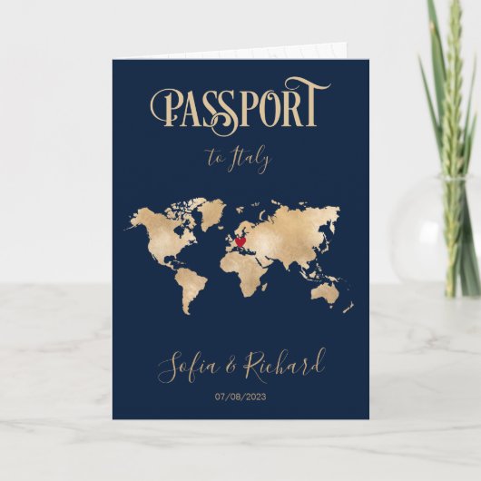 Wedding Destination Passport Gold Weltkarte Italie Einladung (Vorderseite)