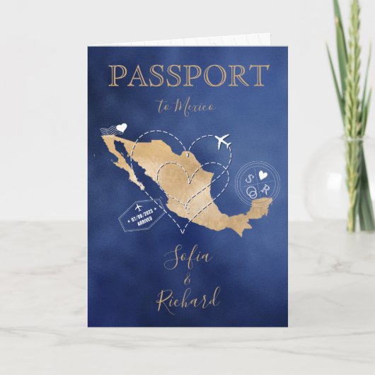 Wedding Destination Passport Gold Weltkarte Mexiko Einladung (Vorderseite)