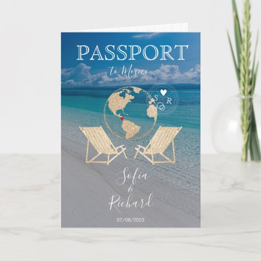 Wedding Destination Passport Gold Weltkarte Tropis Einladung (Vorderseite)