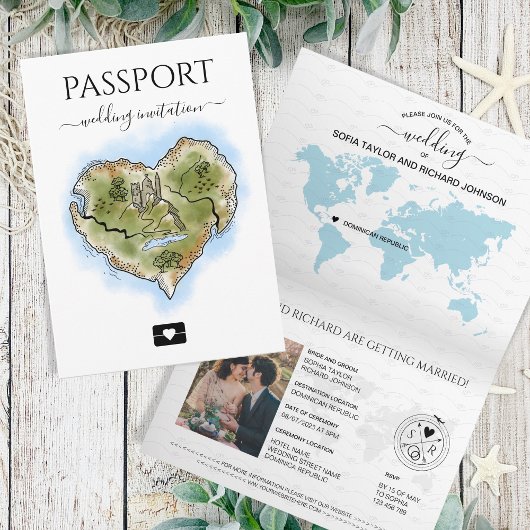 Wedding Destination Passport Illustrierte Herzkart Einladung