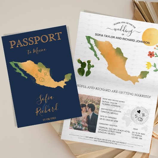 Wedding Destination Passport Mexico Map Watercolor Einladung