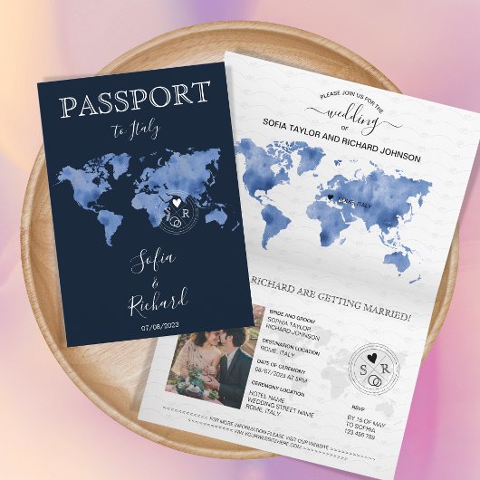 Wedding Destination Passport Navy Blue Weltkarte Einladung
