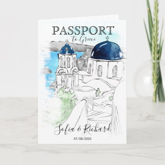 Wedding Destination Passport Santorini Griechenlan Einladung (Vorderseite)