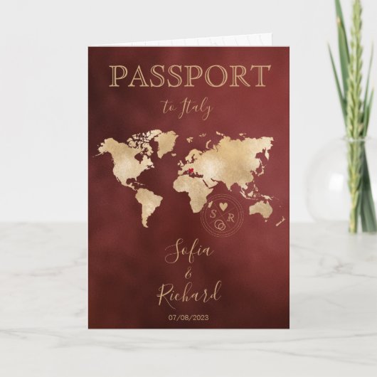 Wedding Destination Passport Weltkarte Burgundy Einladung (Vorderseite)