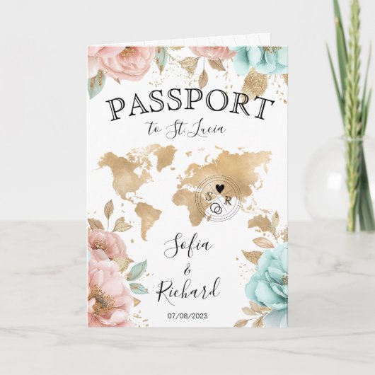 Wedding Destination Passport Weltkarte St. Lucia Einladung (Vorderseite)