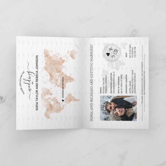 Wedding Destination Passport Weltkarte Zwei Brides Einladung (Innenseite)