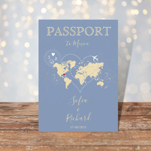 Wedding Destination Passport World Map Blue Einladung