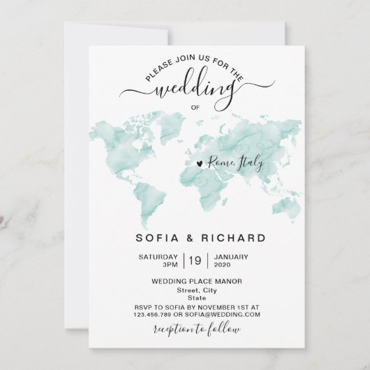 Wedding Destination Watercolor - Weltkarte Herzlic Einladung (Vorderseite)