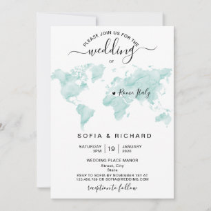 Wedding Destination Watercolor - Weltkarte Herzlic Einladung