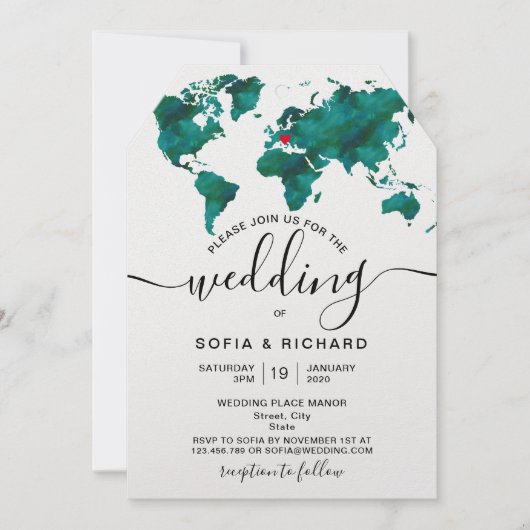 Wedding Destination World Map Einladung zum Herz (Vorderseite)