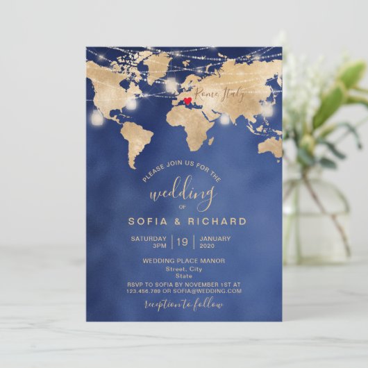Wedding Destination World Map Light Jar and Heart Einladung (Stehend Vorderseite)