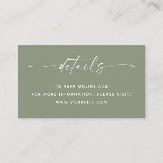 Wedding Details + QR Code | Sage Green Minimalist  Begleitkarte (Vorderseite)