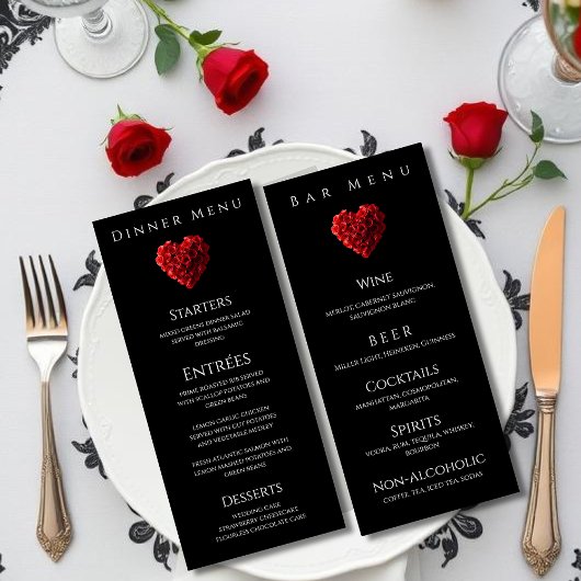 Wedding Dinner and Bar Menu-Heart Shaped Red Roses Menükarte
