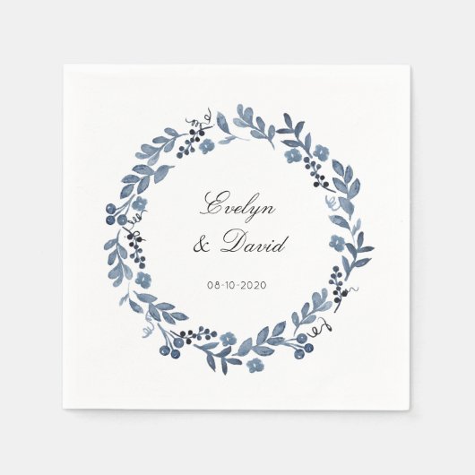 Wedding Dusty Blue Wasserfarbe Name und Datum Napk Serviette (Vorderseite)