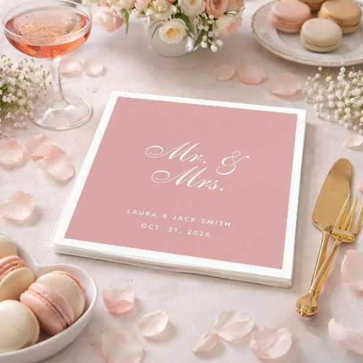 Wedding Dusty Rose Mr. and Mrs Pink White Script Serviette