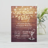 Wedding EAT Drink Party Champagne Glass Wood Light Einladung (Stehend Vorderseite)