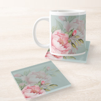 Wedding & Eid | Pink Peony & Sage Green Glasuntersetzer