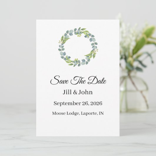 Wedding Eucalyptus Wreath Vertical  Save the Date  (Stehend Vorderseite)