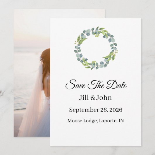 Wedding Eucalyptus Wreath Vertical  Save the Date  (Vorne/Hinten)