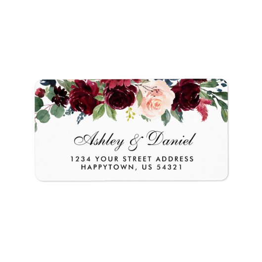 Wedding Floral Burgundy Blue Address Adressaufkleber (Vorne)