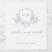 Wedding Floral Crest Monogram Dusty Blue Weinetikett (Einzelnes Label)