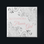 Wedding Flower Girl Name Tag Pink & Gray Frills Button<br><div class="desc">Identify the key players at your bridal shower, wedding or rehearsal dinner with our elegant, Pink & Gray buttons. Designed to coordinate with our Pink & Gray Elegant Wedding Suite, this button feature a Silver gefälfoil flourish on white background with pink text reading flower girl and a place to enter...</div>