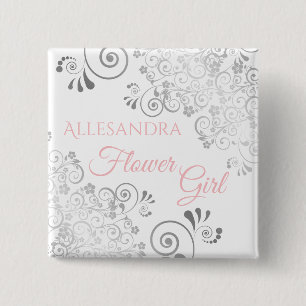 Wedding Flower Girl Name Tag Pink & Gray Frills Button