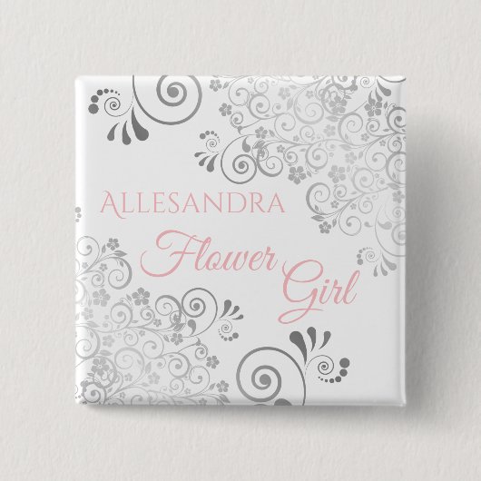 Wedding Flower Girl Name Tag Pink & Gray Frills Button (Vorderseite)