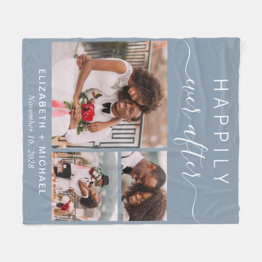 Wedding Foto Collage Dusty Blue Fleecedecke (Vorderseite (Horizontal))